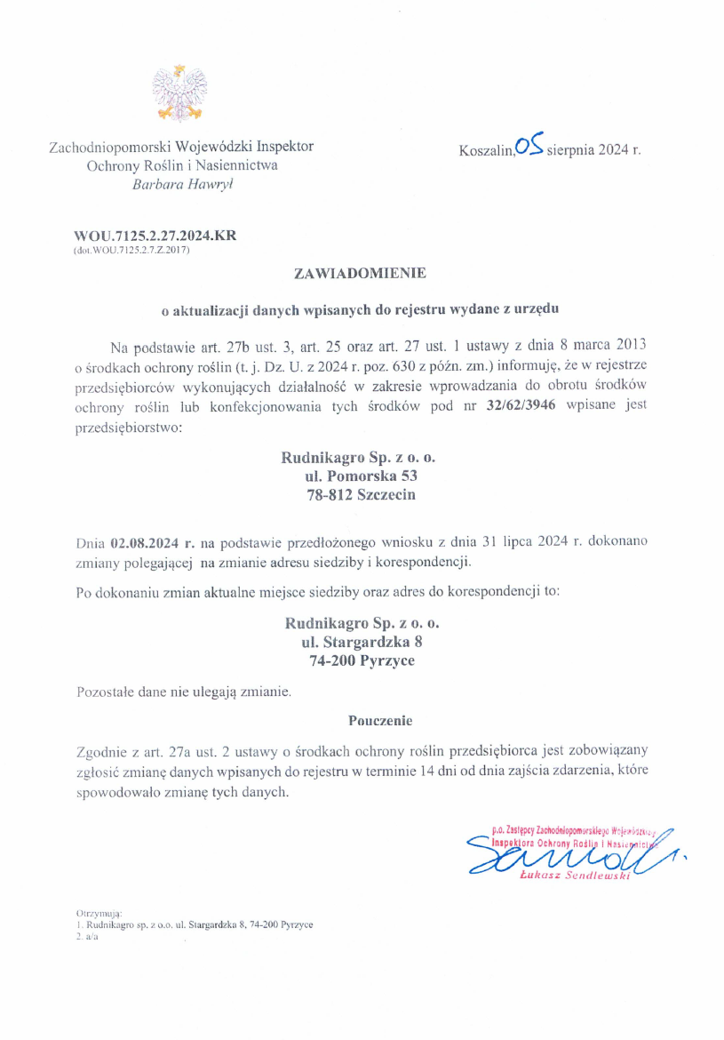 Zaświadczenie RUDNIKAGRO